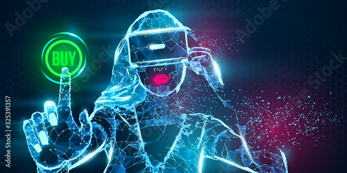 VR online shopping. Polygonal woman, girl wearing virtual reality glasses, helmet. VR headset holographic low poly wireframe vector banner. A woman buys a goods and product in one click. Neon vector