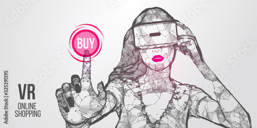 VR online shopping. Polygonal woman, girl wearing virtual reality glasses, helmet. VR headset holographic low poly wireframe vector banner. A woman buys a goods and product in one click. Vector