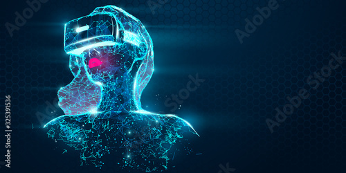 VR online shopping. Polygonal woman, girl wearing virtual reality glasses, helmet. VR headset holographic low poly wireframe vector banner. A woman buys a goods and product in one click. Neon vector
