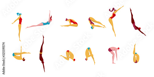 Dive sport jump, swimmers isolated on white, active people in different poses, vector illustration. Men and women jumping into water, sport activity competition. People in swimsuits, water dive pose