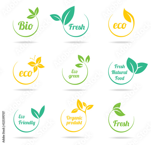 Set of green labels and badges with leaves for organic, natural, bio and eco friendly products isolated on white background