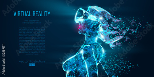 VR online shopping. Polygonal woman, girl wearing virtual reality glasses, helmet. VR headset holographic low poly wireframe vector banner. A woman buys a goods and product in one click. Neon vector
