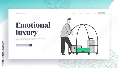 Bellhop, Bellman Pushing Luggage Cart with Suitcases Website Landing Page. Hotel Staff in Uniform Bellboy Meeting Guest, Hospitality Service Web Page Banner. Cartoon Flat Vector Illustration, Line Art