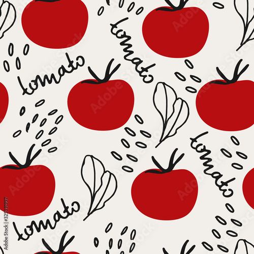 Seamless pattern with tomatoes and hand lettering. Isolated on white background