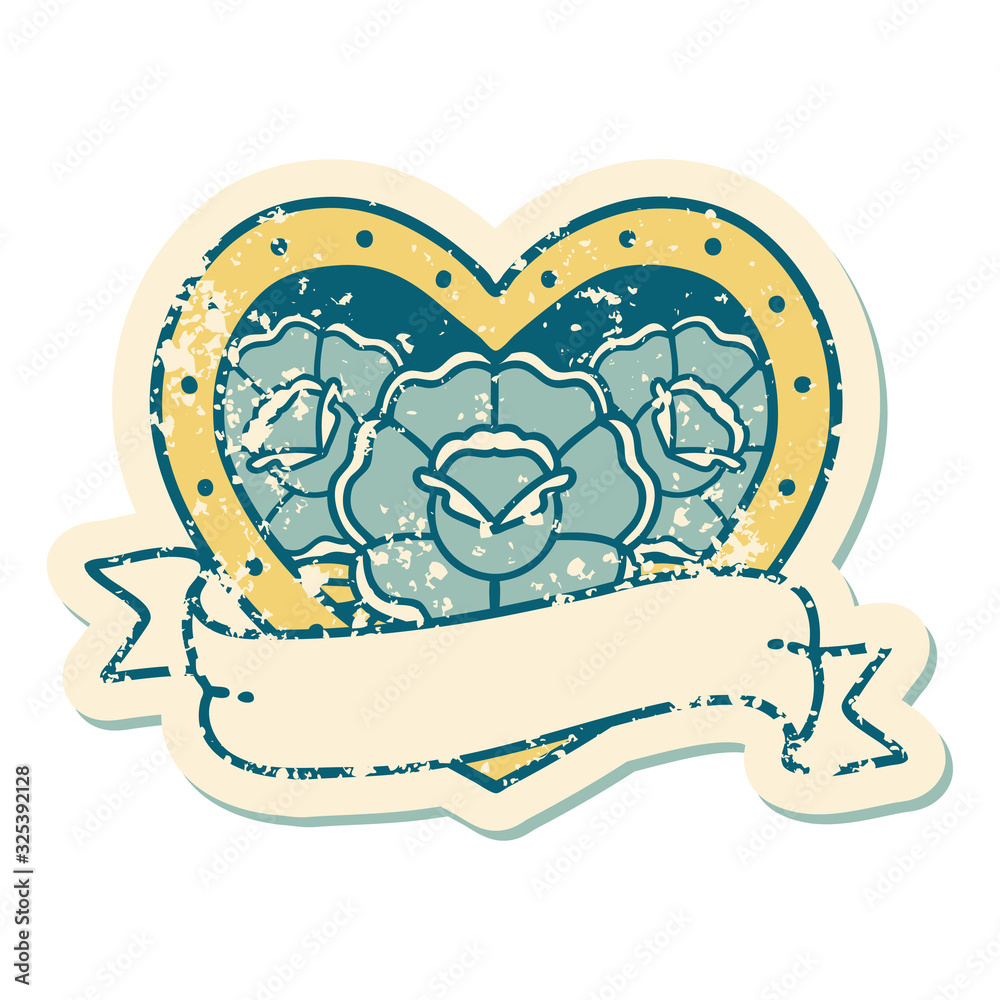 distressed sticker tattoo style icon of a heart and banner with flowers distressed sticker tattoo style icon of a heart and banner with flowers
