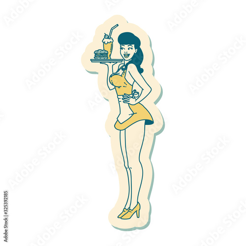 tattoo style sticker of a pinup waitress girl