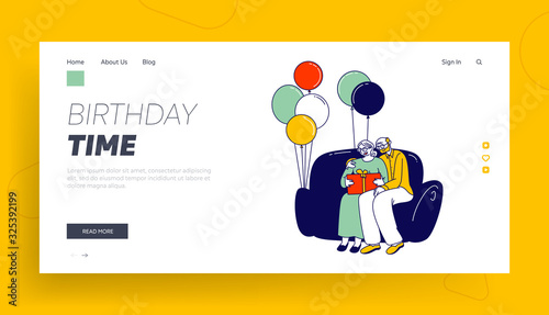 First Baby Birthday Celebration Party Website Landing Page. Senior Couple Sitting on Couch Hugging and Watching Family Album with Pictures Web Page Banner. Cartoon Flat Vector Illustration, Line Art