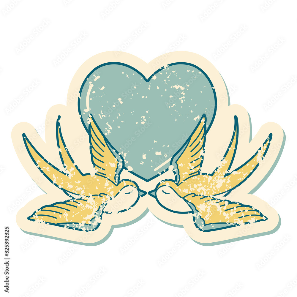 distressed sticker tattoo style icon of a swallows and a heart distressed sticker tattoo style icon of a swallows and a heart