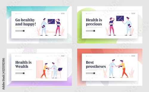 Patient Visiting Clinic or Hospital for Treatment and Medical Support Website Landing Page Set. People Visiting Hospital for Appointment and Recreation Web Page Banner Cartoon Flat Vector Illustration