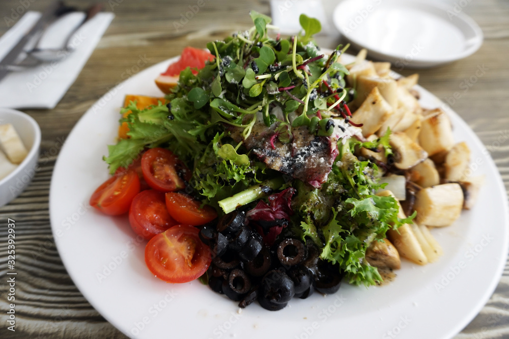 Seoul, South Korea - 12th March 2017 : Mushroom Salad dish for brunch in the morning