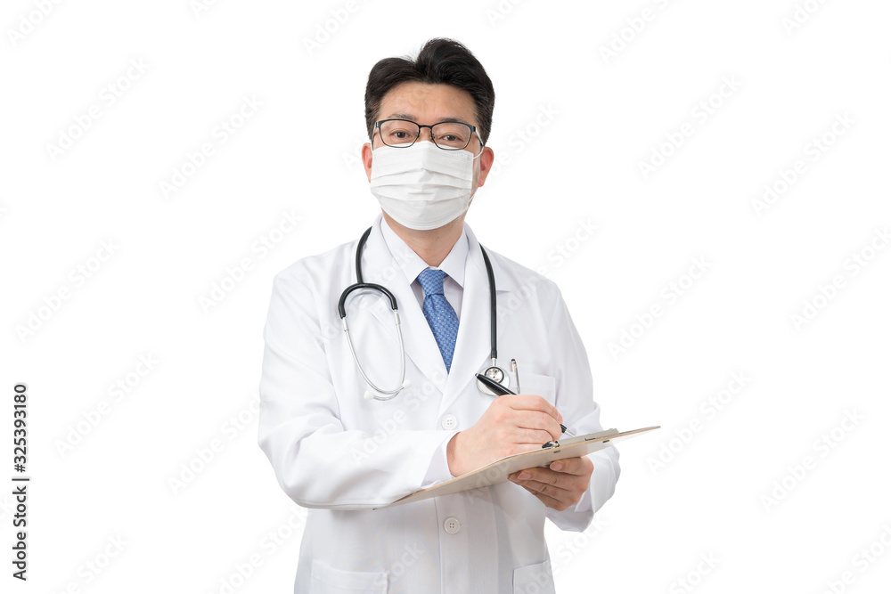 Middle-aged Asian doctor holding clipboard on white background Middle-aged Asian doctor holding clipboard on white background