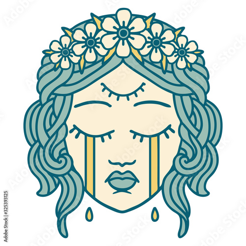 tattoo style icon of female face crying with third eye