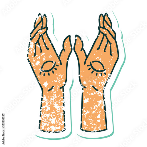 distressed sticker tattoo style icon of mystic hands