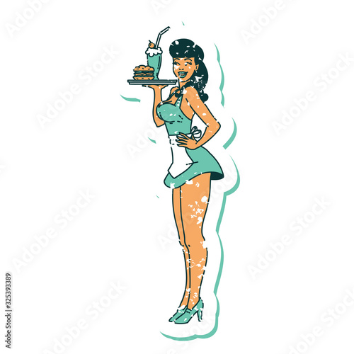 distressed sticker tattoo style icon of a pinup waitress girl