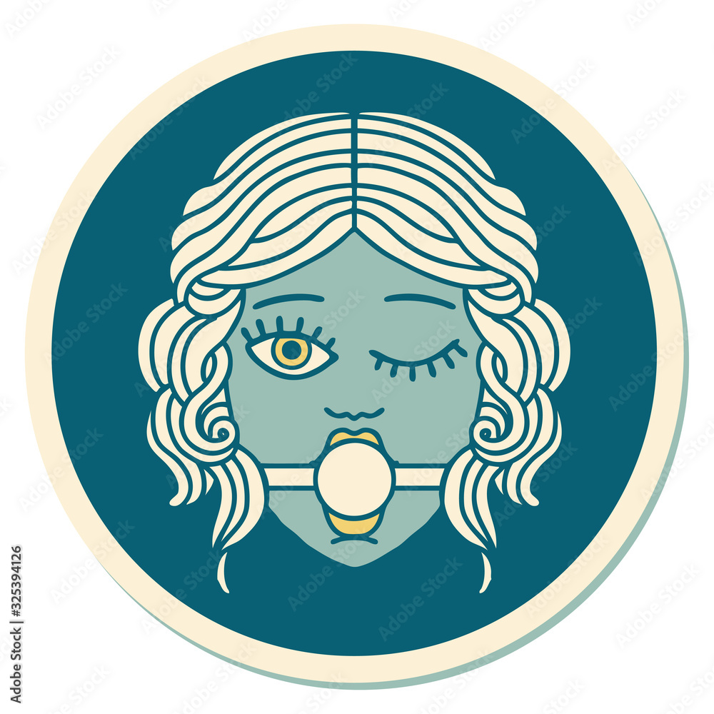 tattoo style sticker of winking female face with ball gag tattoo style sticker of winking female face with ball gag