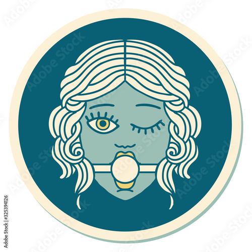 tattoo style sticker of winking female face with ball gag