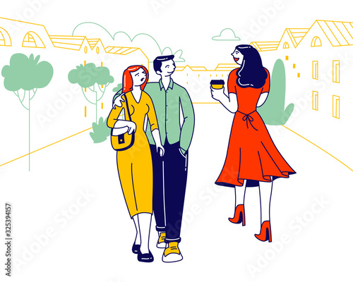 Perfidious Man Walking with Girlfriend Looking on another Sexy Woman on Street. Cheating, Treason and Perfidy Concept. Jealous Woman Angry on her Boyfriend Cartoon Flat Vector Illustration, Line Art