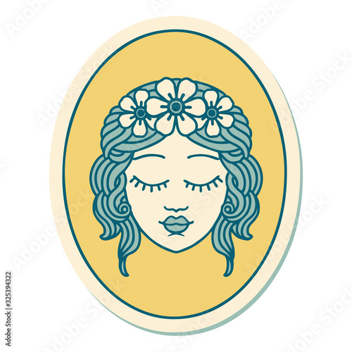 tattoo style sticker of a maiden with eyes closed