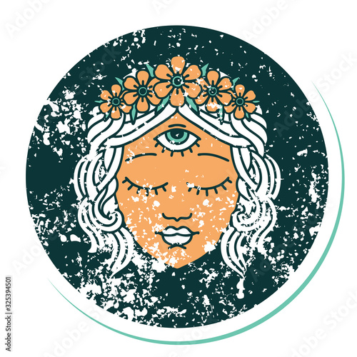 distressed sticker tattoo style icon of female face