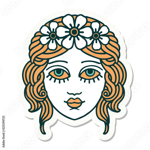 tattoo style sticker of female face with crown of flowers