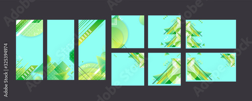 Green abstract set summer background universal art header template. Collage made with scribbles canyon strokes