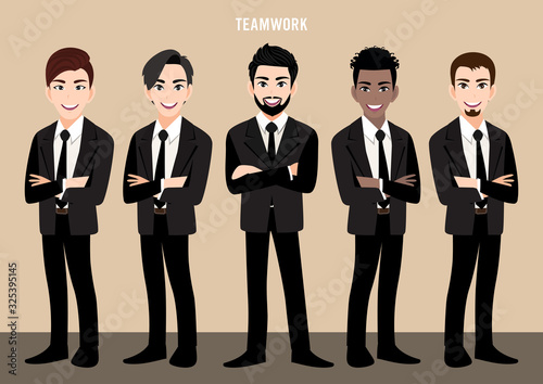 Cartoon character with business team set or leadership concept with businessmen. Vector illustration in cartoon style.