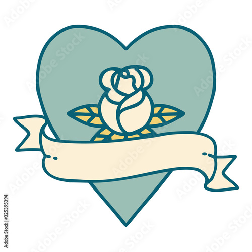 tattoo style icon of a heart rose and banner