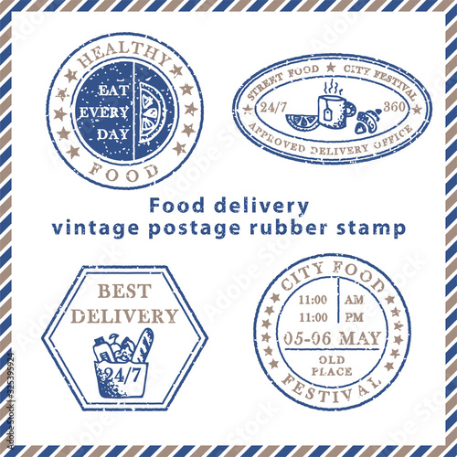 Set of vintage textured grunge food delivery rubber stamps with meal symbols in classic blue and brown colors. For design of post card, advertising poster, web banner, sale flyers