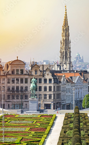 Panoramic view on Brussel . Horse statue and cathedral in the background. 
