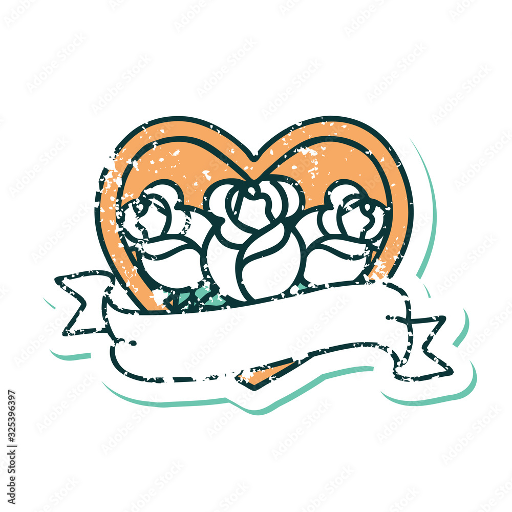 distressed sticker tattoo style icon of a heart and banner with flowers distressed sticker tattoo style icon of a heart and banner with flowers