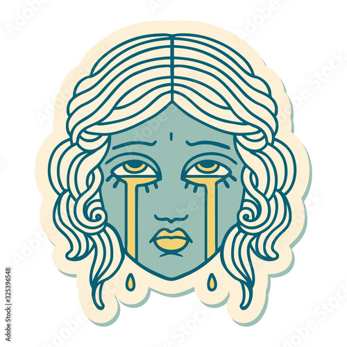 tattoo style sticker of female face crying