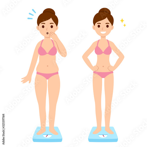 Overweight and slim woman on scales