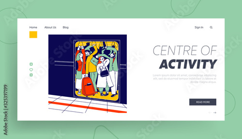 People Riding in Full Metro Van Website Landing Page. City Dwellers Walking by Urban Train to Home or Work at Rushtime. Crowded Commuter Web Page Banner. Cartoon Flat Vector Illustration, Line Art