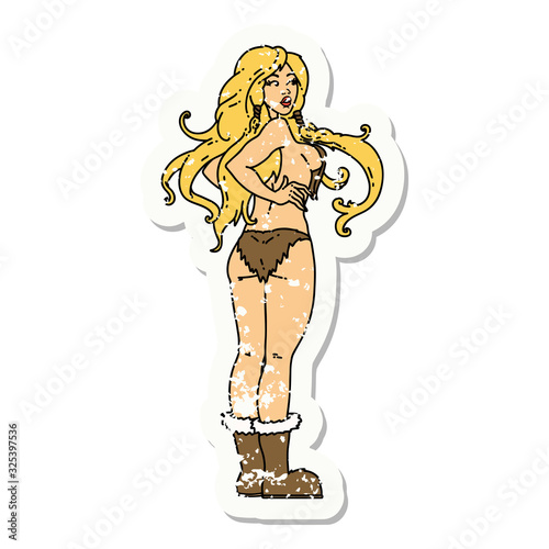 distressed sticker tattoo of a pinup viking girl