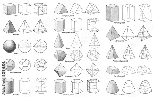 Fototapeta Geometry shapes and areas with formulas, marks illustration, drawing, engraving, ink, line art, vector
