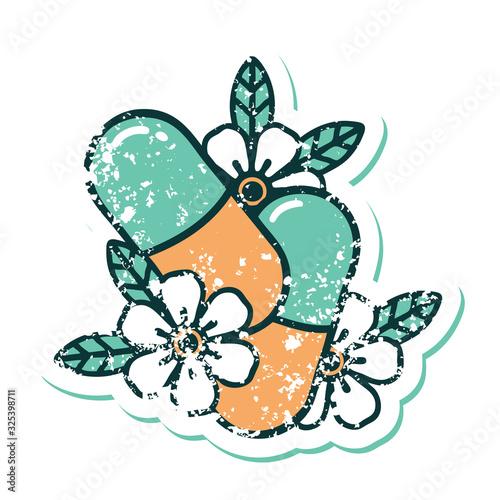 distressed sticker tattoo style icon of pills and flowers