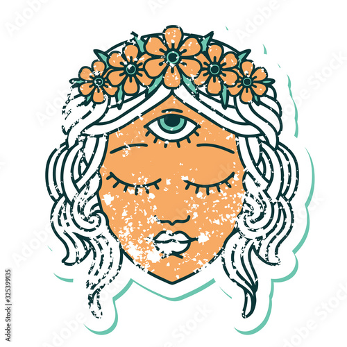 distressed sticker tattoo style icon of female face