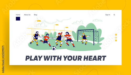 Kids Playing Soccer Website Landing Page. Football Academy or School Outdoor Sportive Activity for Children, Sports Game, Junior Tournament Web Page Banner. Cartoon Flat Vector Illustration, Line Art