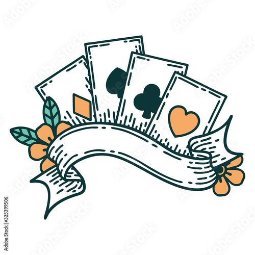 tattoo style icon of cards and banner