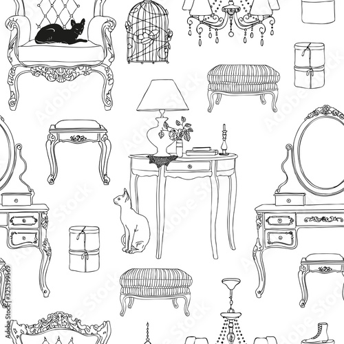 Seamless pattern of furniture and decorative elements for interiors in the style of Provence. Hand-drawn vector illustration