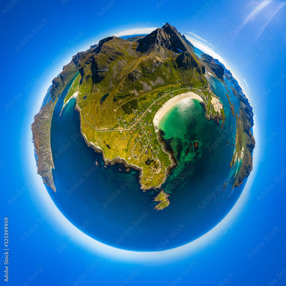 Fototapeta premium Mini planet Lofoten is an archipelago in the county of Nordland, Norway.