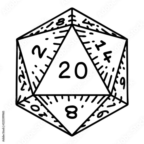 black line tattoo of a d20 dice