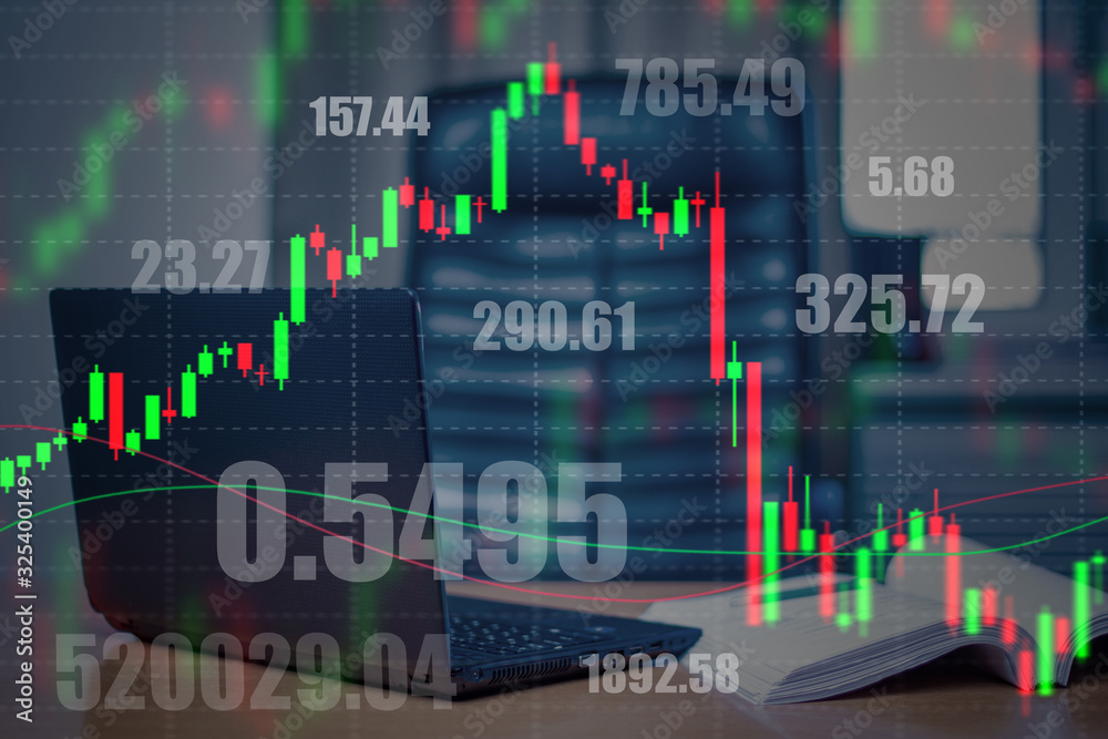 Stock charts on the background of the broker's workplace. Making transactions on the exchange. Buying and selling shares. Transactions with foreign currency. Fluctuations in exchange rates.