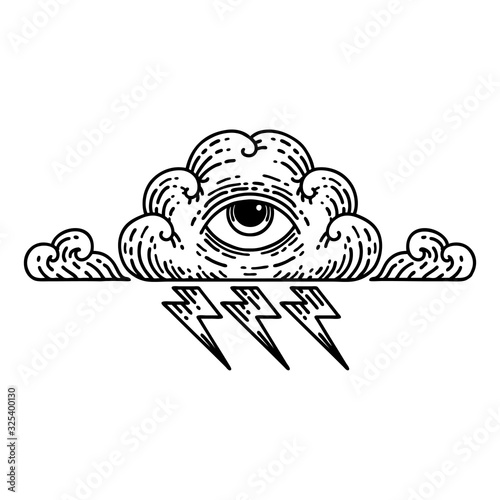 black line tattoo of an all seeing eye cloud
