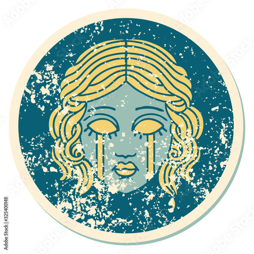 distressed sticker tattoo style icon of female face crying