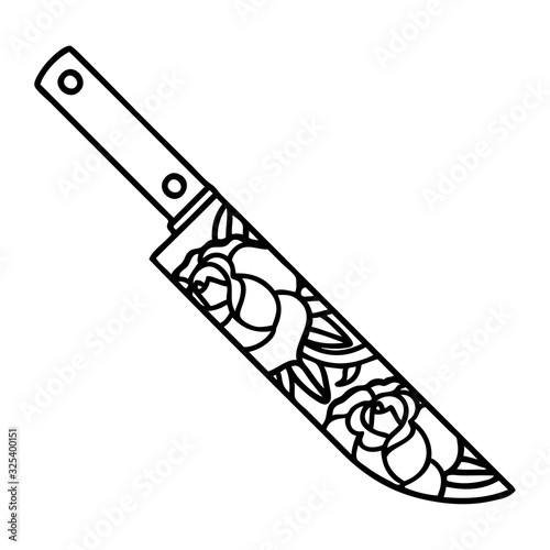 black line tattoo of a dagger and flowers