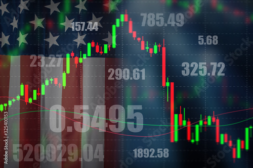 Chart of price fluctuations on the background of the American flag.Trading on the new York stock exchange. Changing the values of us stock indexes. NASDAQ. NYSE Composite. Dow Jones industrial average photo