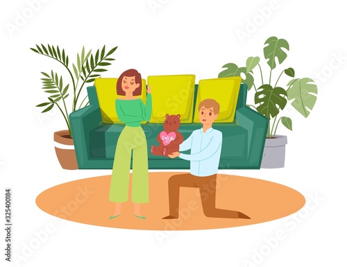 Family concept with young couple, angry wife after quarrel looking with frustrated look and loving husband with gift cartoon vector illustration. Young family at home.
