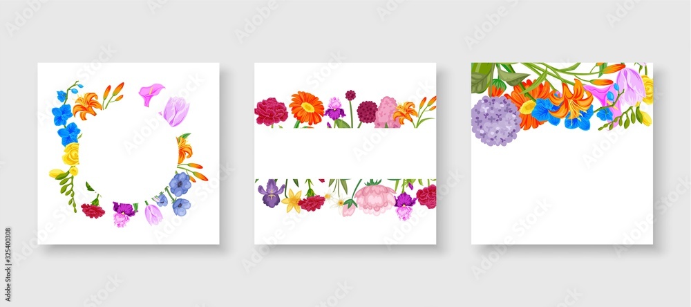 Floral frame collection set of cute cartoon summer flowers arranged in shape of the wreath perfect for wedding invitations and birthday cards, vector illustration. Floral wreaths for summer cards.