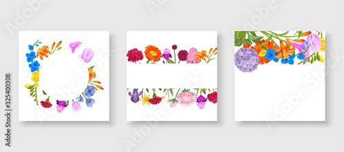 Floral frame collection set of cute cartoon summer flowers arranged in shape of the wreath perfect for wedding invitations and birthday cards  vector illustration. Floral wreaths for summer cards.